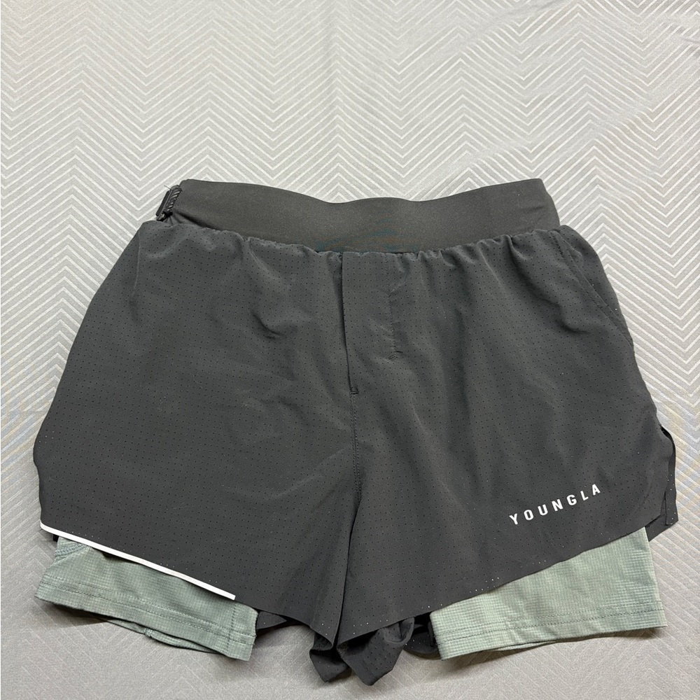 YoungLA Men’s Black Running Perforated Shorts with Grey Liner Size S